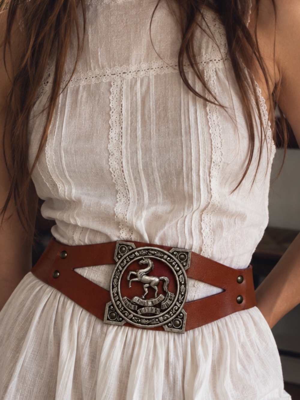 Vintage leather equestrian belt w/ silver horse | Antique gem / statement belt